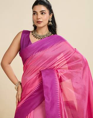 Pink khadi raw silk blend wevon pallu border ethnic festive wear saree 3
