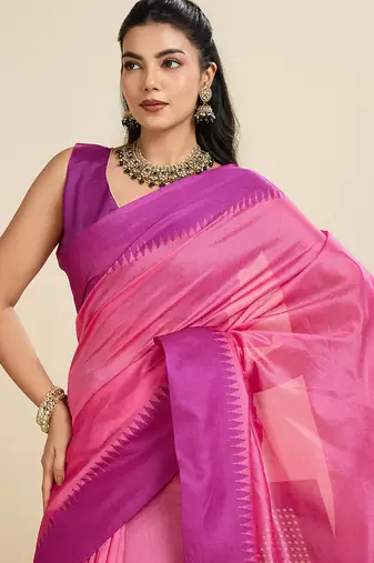 Pink khadi raw silk blend wevon pallu border ethnic festive wear saree