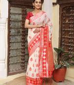 cotton woven red and white traditional ceremonial saree