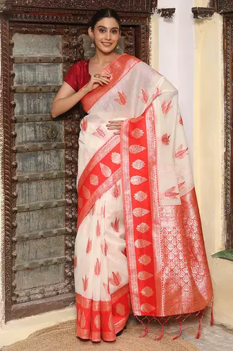 cotton woven designer red and white traditional ceremonial saree