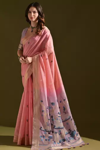 Pink color muga cotton designer ethnic partywear saree