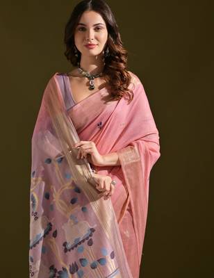 Pink muga cotton ethnic partywear saree 3