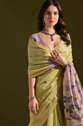 Green muga cotton ethnic partywear saree