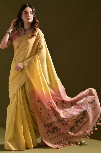 Mustard muga cotton ethnic partywear saree