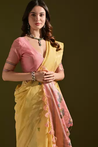 Mustard muga cotton ethnic partywear saree
