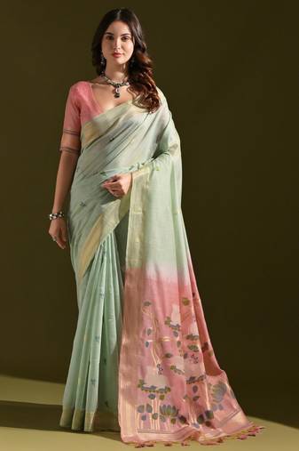 Sea green color muga cotton designer ethnic partywear saree