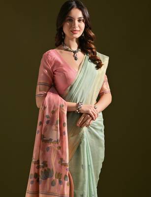 Sea green muga cotton ethnic partywear saree 2