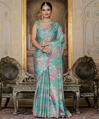 Sea green graceful chinon smart girlie printed ready to wear saree 1