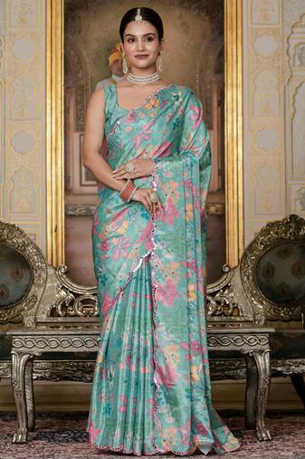 Sea green color graceful chinon fabric smart girlie printed ready to wear saree