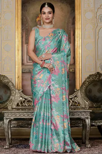Sea green color graceful chinon fabric smart girlie printed ready to wear saree