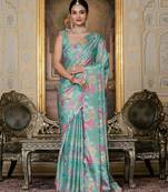 Sea green chinon embroidered smart girlie printed ready to wear saree