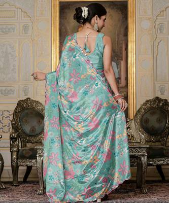 Sea green graceful chinon smart girlie printed ready to wear saree 3