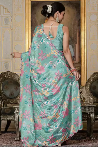 Sea green graceful chinon smart girlie printed ready to wear saree