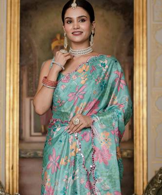 Sea green graceful chinon smart girlie printed ready to wear saree 4
