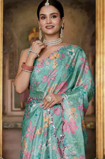Sea green graceful chinon smart girlie printed ready to wear saree