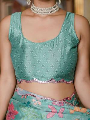 Sea green graceful chinon smart girlie printed ready to wear saree 5