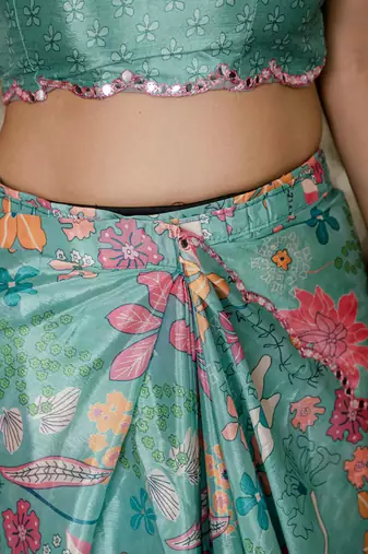 Sea green graceful chinon smart girlie printed ready to wear saree