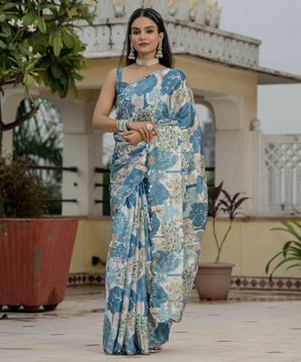 Blue graceful chinon smart girlie printed ready to wear saree 1