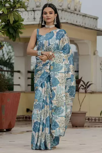 Blue color graceful chinon fabric smart girlie printed ready to wear saree