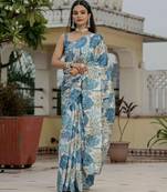 Blue graceful chinon embroidered smart girlie printed ready to wear saree