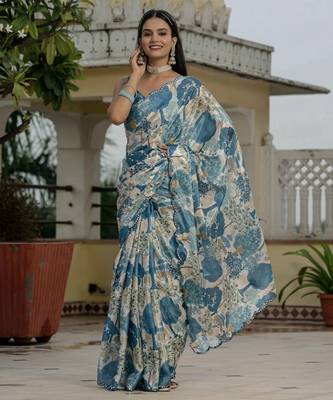 Blue graceful chinon smart girlie printed ready to wear saree 3