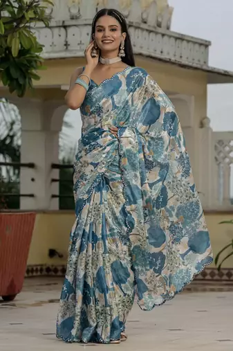Blue graceful chinon smart girlie printed ready to wear saree