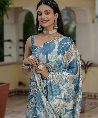 Blue graceful chinon smart girlie printed ready to wear saree 4