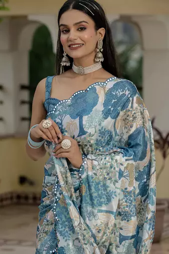 Blue graceful chinon smart girlie printed ready to wear saree