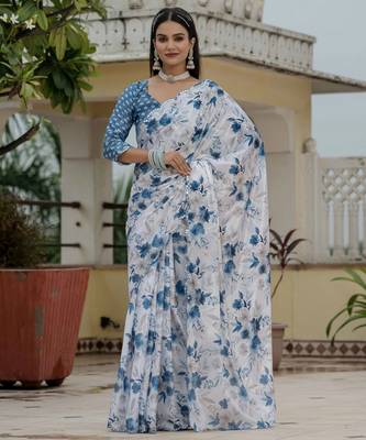 White graceful chinon smart girlie printed ready to wear saree 1