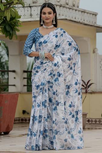 White color graceful chinon fabric smart girlie printed ready to wear saree