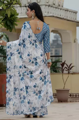 White graceful chinon smart girlie printed ready to wear saree