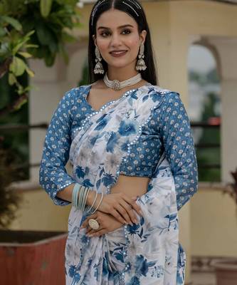 White graceful chinon smart girlie printed ready to wear saree 4