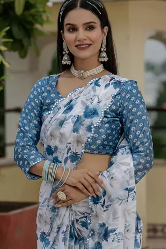 White graceful chinon smart girlie printed ready to wear saree
