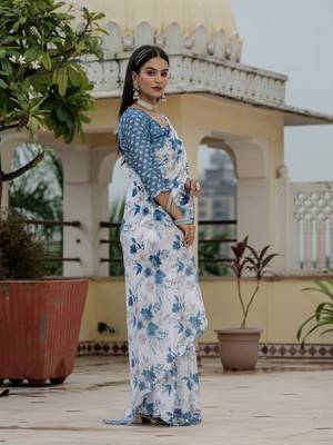 White graceful chinon smart girlie printed ready to wear saree 5