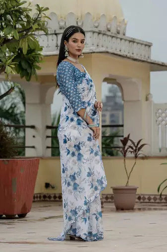 White graceful chinon smart girlie printed ready to wear saree
