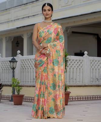 Orange graceful chinon smart girlie printed ready to wear saree 1