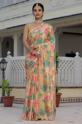 Orange color graceful chinon fabric smart girlie printed ready to wear saree