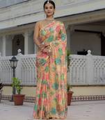 Orange graceful chinon embroidered smart girlie printed ready to wear saree
