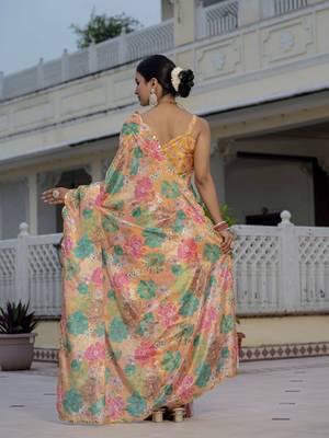 Orange graceful chinon smart girlie printed ready to wear saree 3