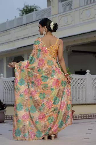 Orange graceful chinon smart girlie printed ready to wear saree