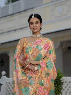 Orange graceful chinon smart girlie printed ready to wear saree 4