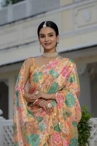 Orange graceful chinon smart girlie printed ready to wear saree