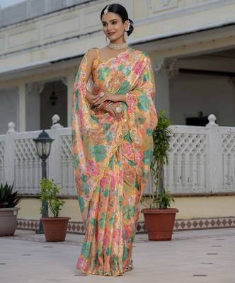 Orange graceful chinon smart girlie printed ready to wear saree 5