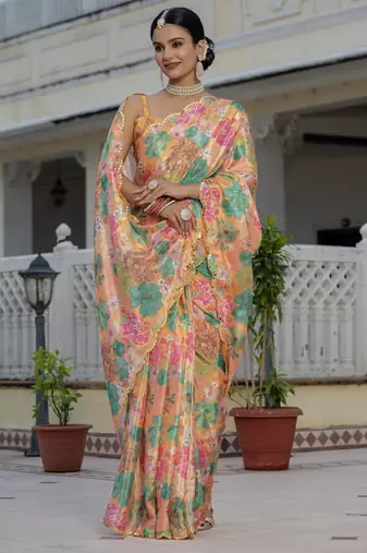 Orange graceful chinon smart girlie printed ready to wear saree