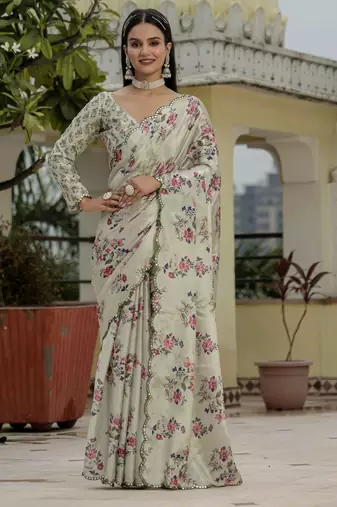 Grey color graceful chinon fabric smart girlie printed ready to wear saree