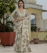 Grey graceful chinon embroidered smart girlie printed ready to wear saree