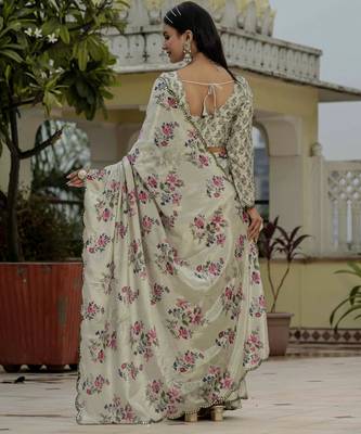 Grey graceful chinon smart girlie printed ready to wear saree 3