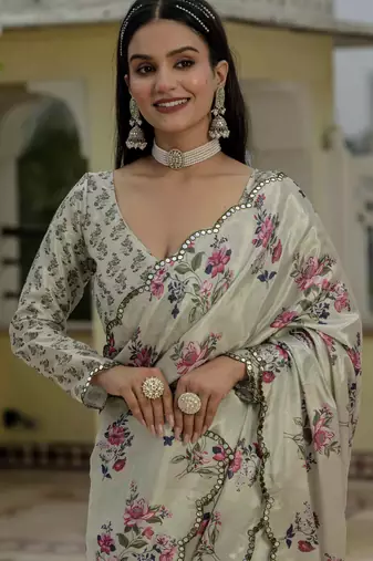 Grey graceful chinon smart girlie printed ready to wear saree