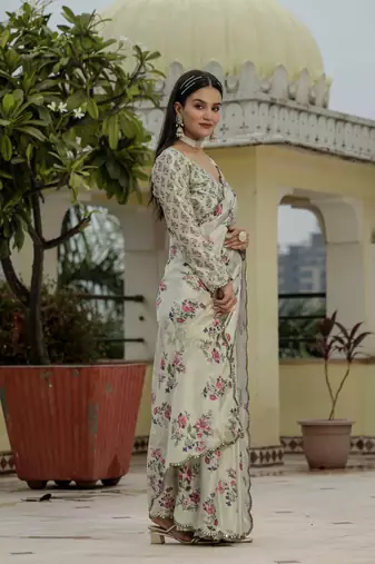 Grey graceful chinon smart girlie printed ready to wear saree