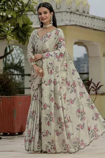 Grey graceful chinon smart girlie printed ready to wear saree